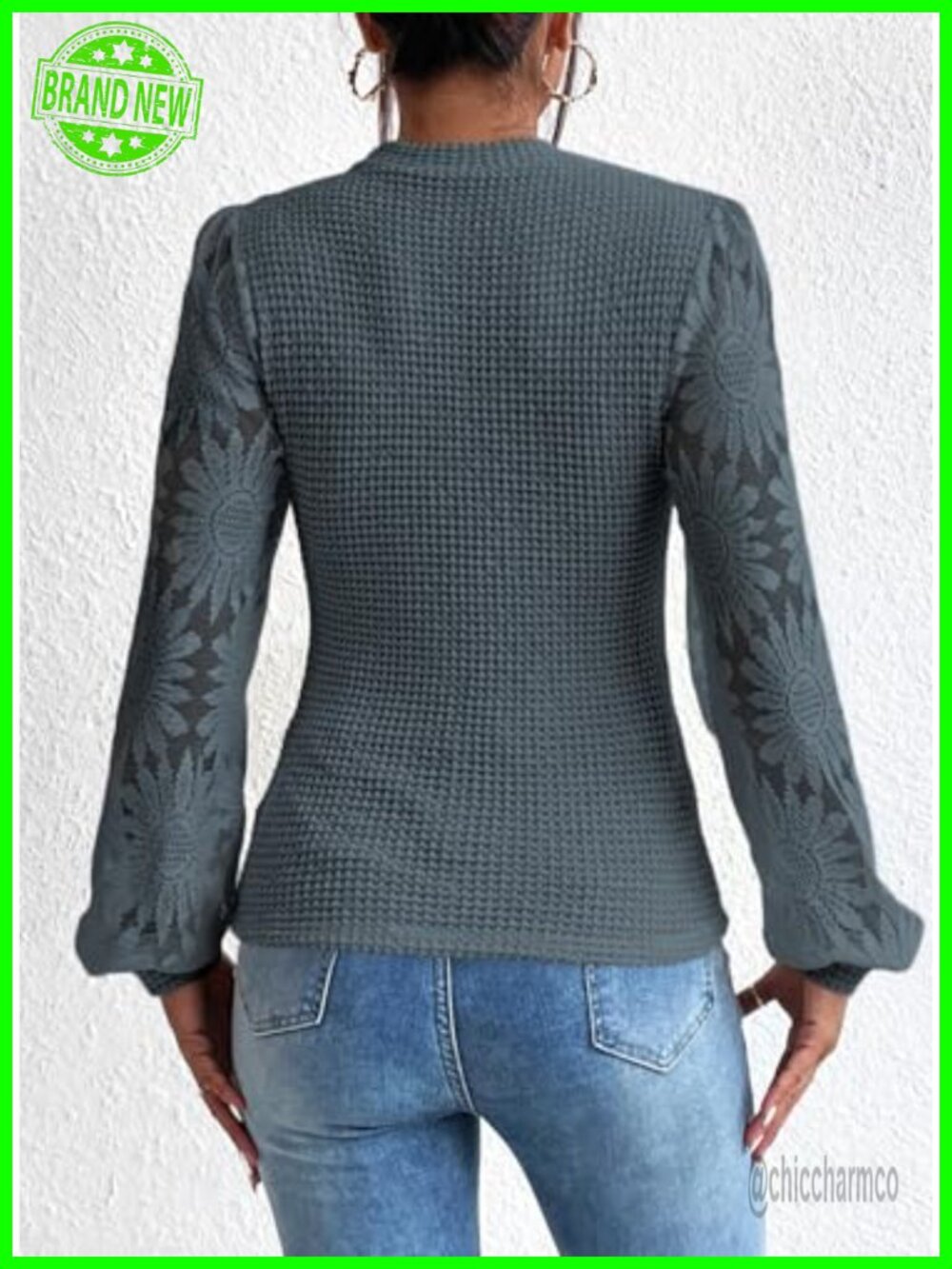 Women's Crochet Lace Long Sleeve Blouse Waffle Knit Tunic Crewneck Pullover - Picture 4 of 6